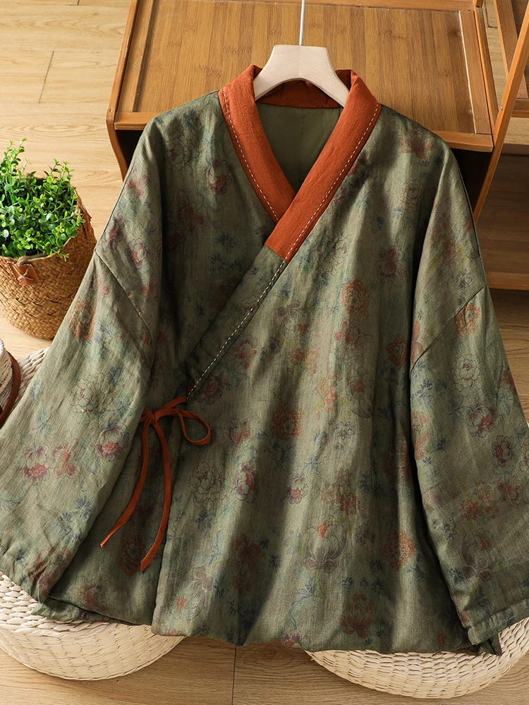 Retro Chinese Cotton Linen Print Asymmetrical Belted Women's Autumn Winter Zen Style Improved Hanfu Collar Cotton Jacket Coat