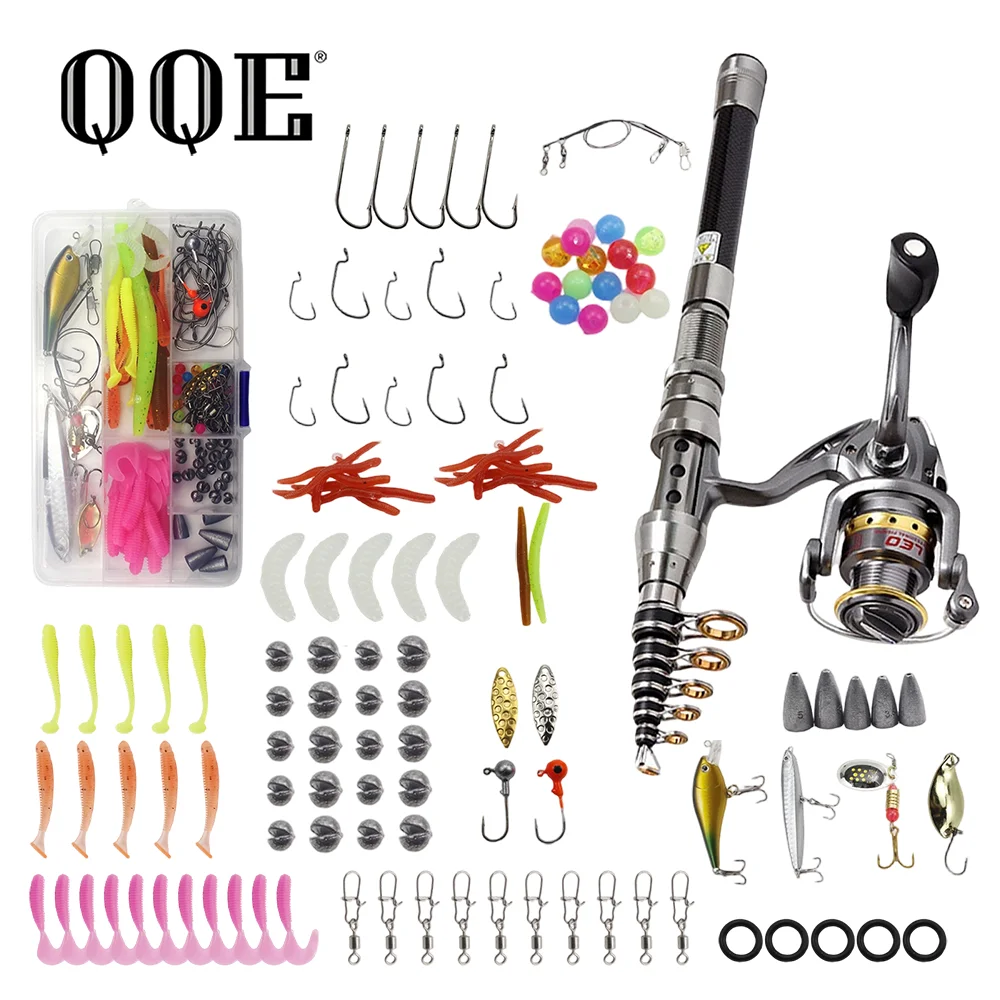 QQE Carbon Telescopic Fishing Rod Spinning Reel Combo with Lures Hooks Sinkers Full Tackle Kit for Freshwater Saltwater Beginner