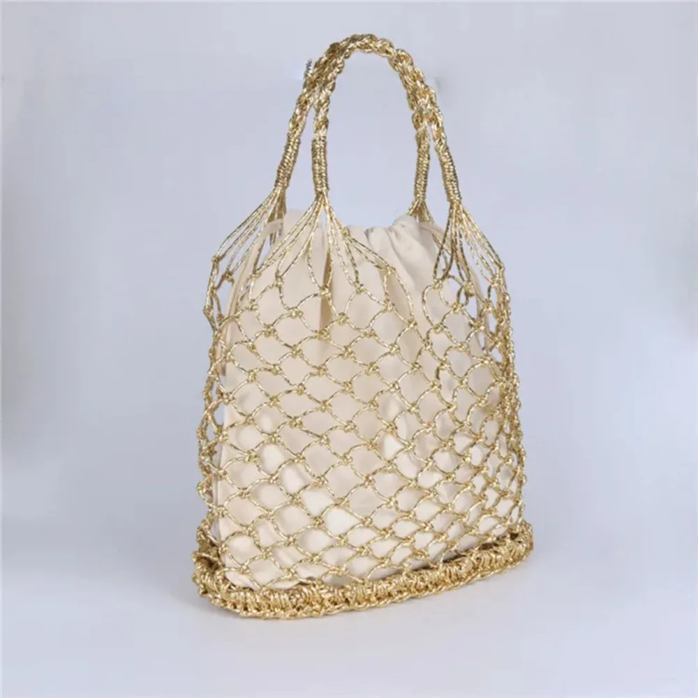 Gold silver 2 color bright paper ropes hollow woven handbag cotton lining straw bag female Reticulate handbag netted beach bag