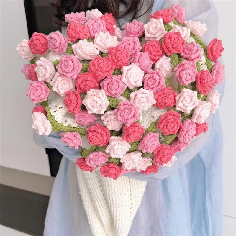 1Set Rose Bouquet Blanket, Handmade Crochet Throw for Valentine's Day Birthday Gift, Soft Knitted Sofa Cover for Couple