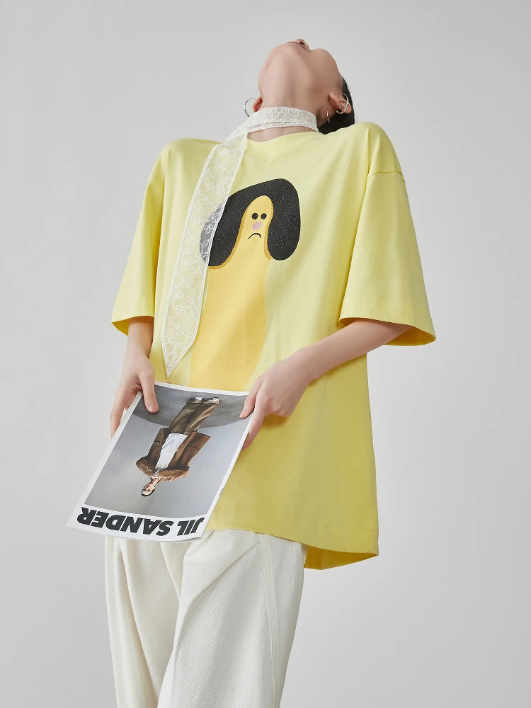 

Lemon Yellow Printed oulder-Drop ort Sve T-irt Women's Summer New Design Casual Loose Top Trendy round Ne Tee