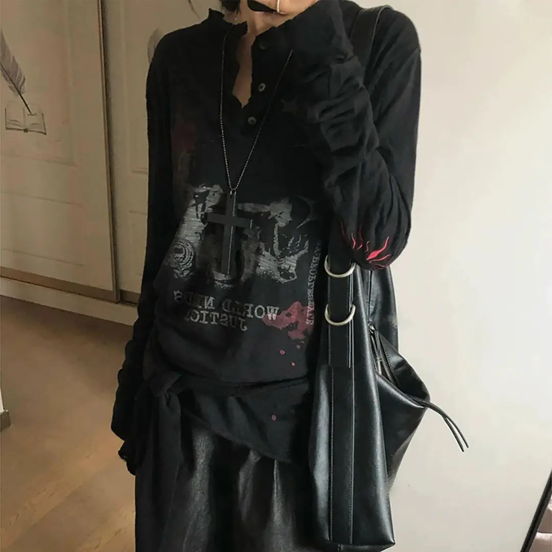 Subculture Retro Women Y2k Long Sleeve T Shirt Streetwear Hip Hop Gothic Harajuku Grunge Tops Punk Tees American 2025 Autumn New