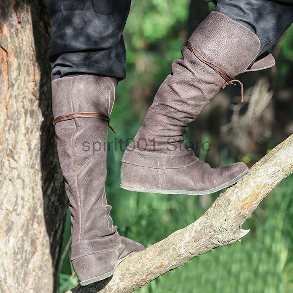 Neue mittelalter liche Ritter Krieger Cosplay Schuhe für Frauen Pu Leder runden Kopf flache hohe Bandage Stiefel Halloween Retro Schuhe