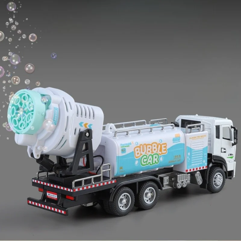 

Alloy Electric Bubble City Sanitation Spray Truck Large Size Kids Toy Car With Music Light Pull Back Function Openable Doors