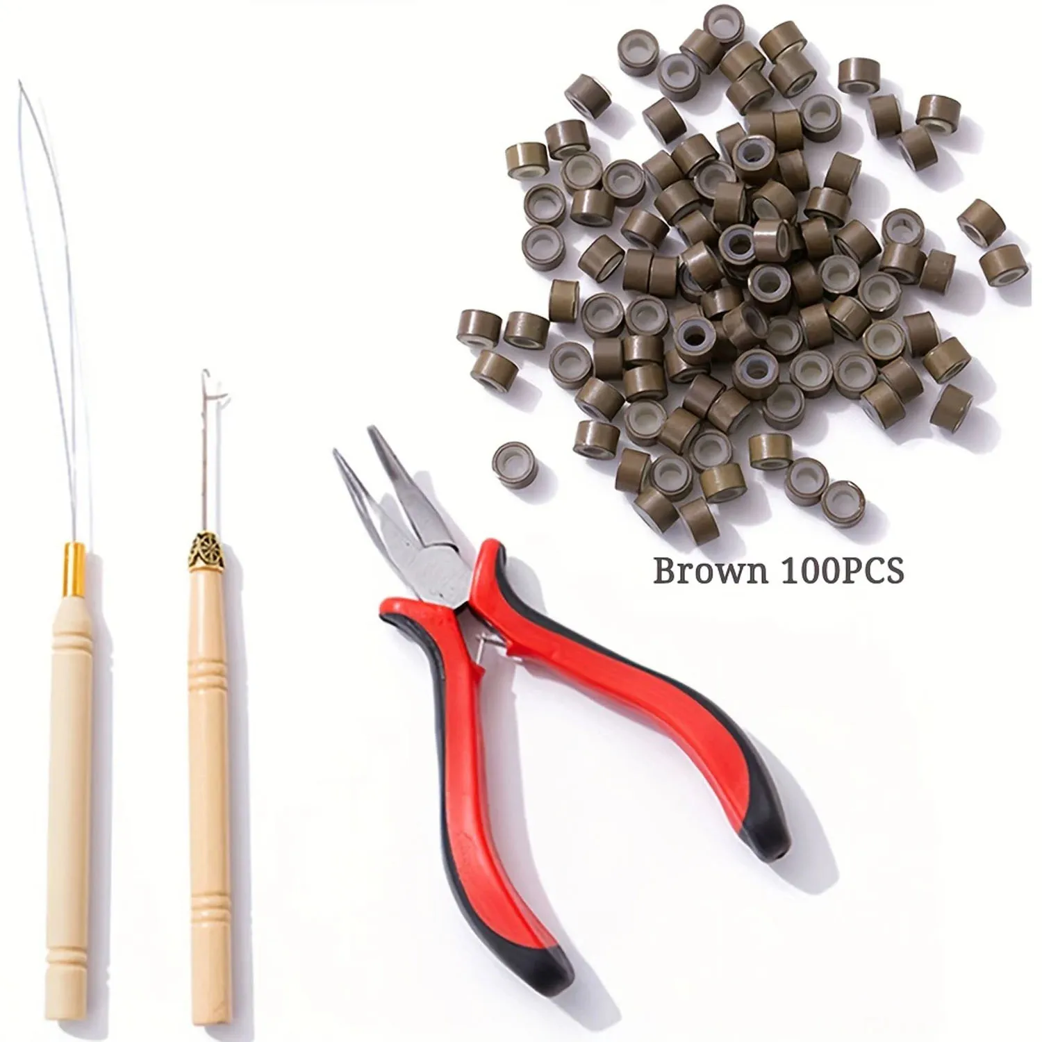 Kit de herramientas para extensiones de cabello, alicates para extensiones de cabello con punta I, gancho para tirar, dispositivo de cuentas, kits de herramientas y 100 Uds., microeslabones de 5 mm, cuentas de anillos