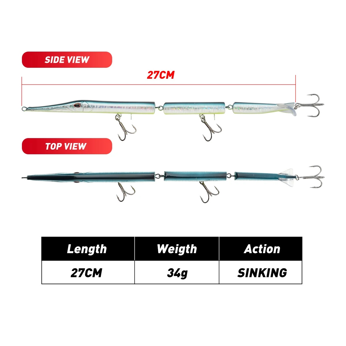 Señuelo lápiz hundimiento swimbait multiarticulado anzuelos triples