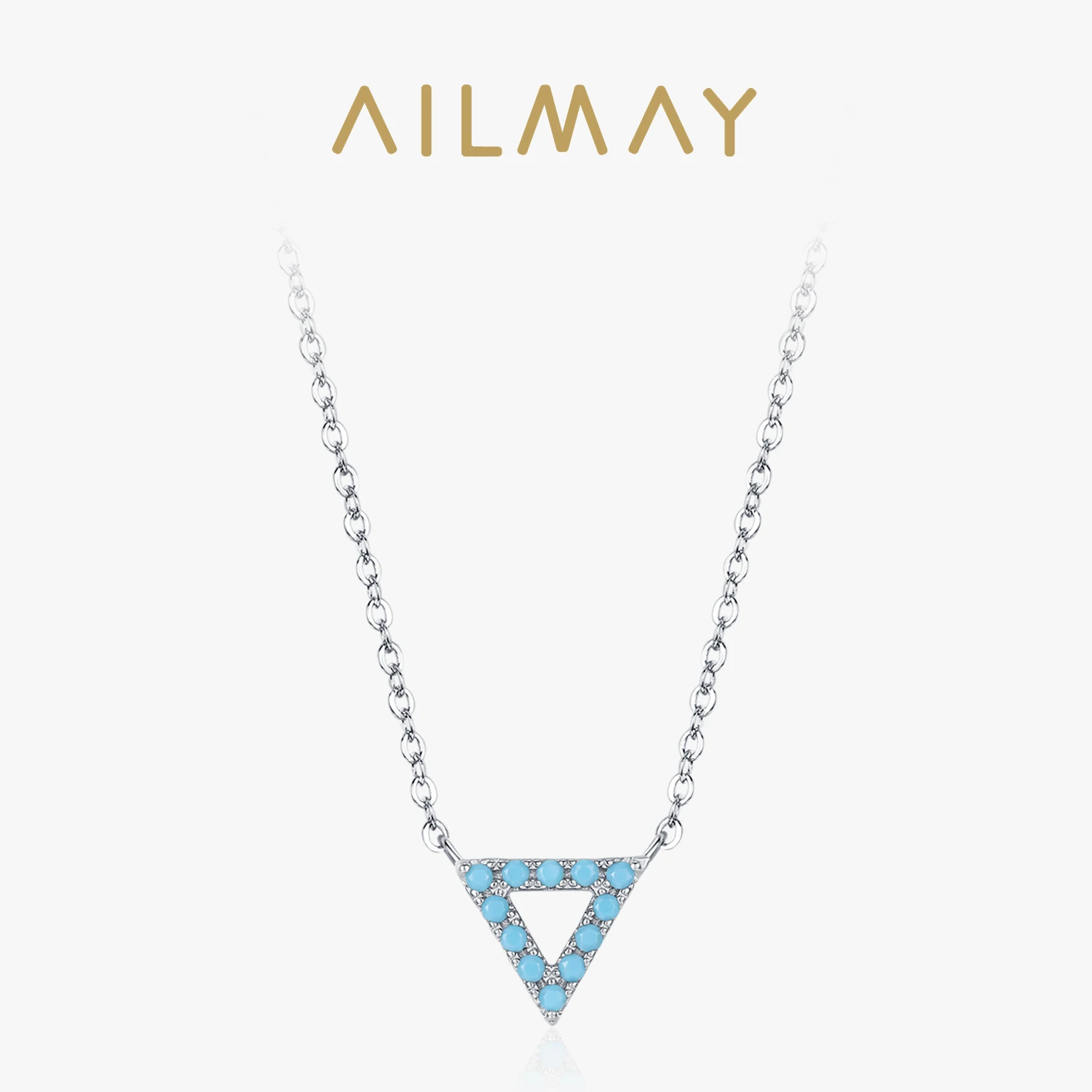 Ailmay 925 Sterling Silver Triangle Pendant Necklace For Women Simple Tiny Turquoise Chain Christmas Gift Aesthetic Jewellry