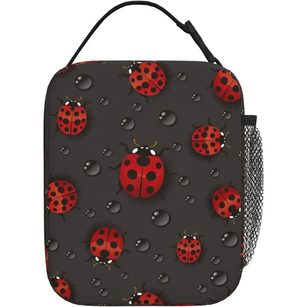 Ladybug Black and Red Polka Dot Portable Lunch Bag Insulated Lunch Box Reusable Cooler Totes for Women Men Adults Girls Work