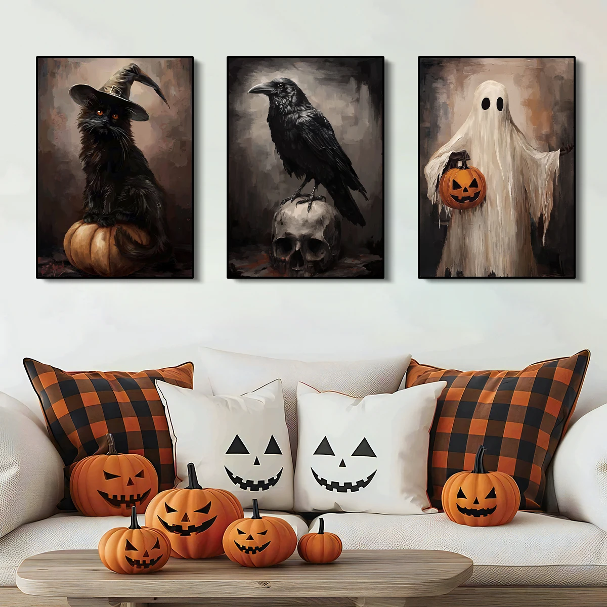 Retro Victorian Animal Crow Witch Ghost Canvas Print Dark Pumpkin Skull Halloween Wall Art Poster for Living Room & Gothic Decor