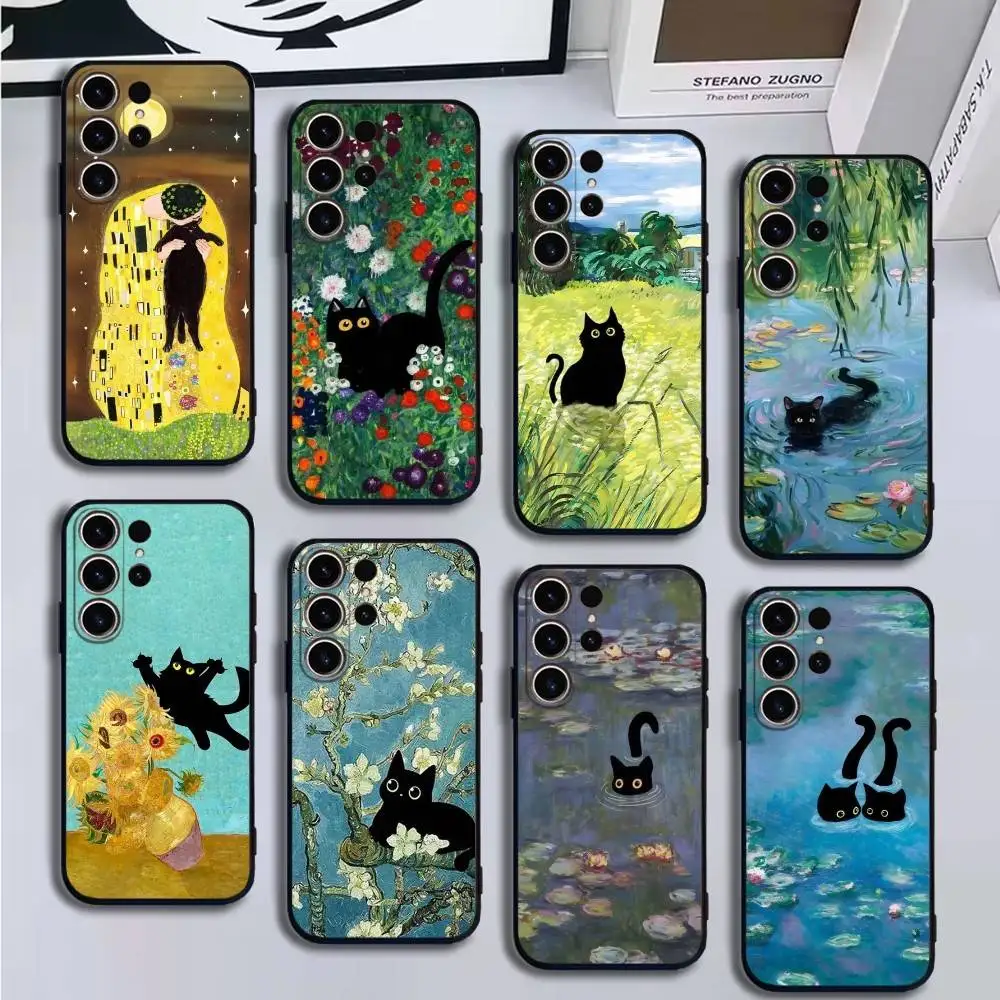 

Famous paintings & black cat Phone Case For SamsungS25,24,21,22,23,30,Ultra,20,Plus,Fe,Lite,Note,10,9,Soft Black Cover