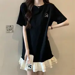 Plus Size Patchwork T Shirt Dress Summer New Short Sleeve Solid Loose Contrast Korean Midi Dress Casual Fashion Women Clothing