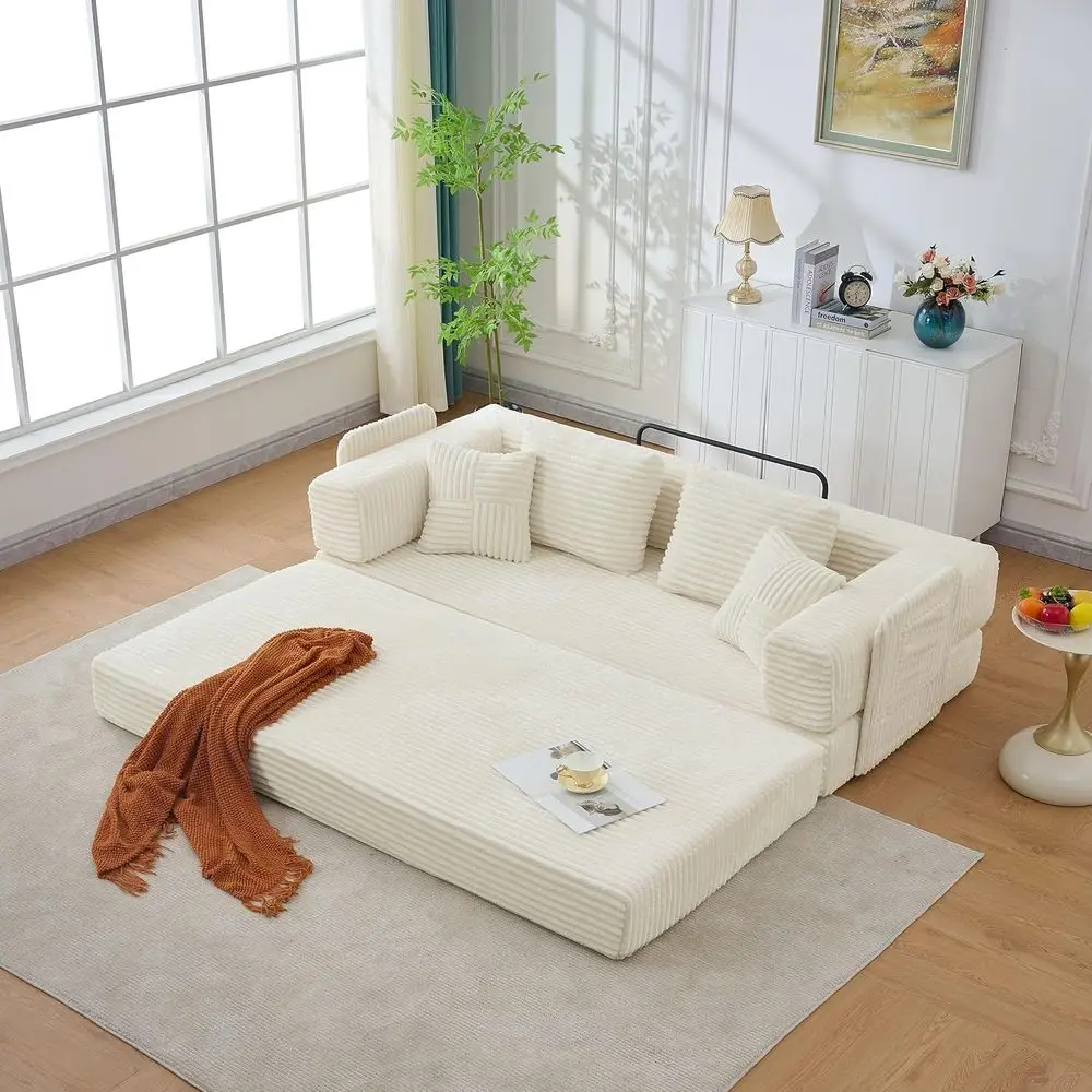 Upgraded Beige 4-in-1 Corduroy Sofa Bed with Side Storage, Convertible Loveseat Sleeper for Living Room or Bedroom Lounge