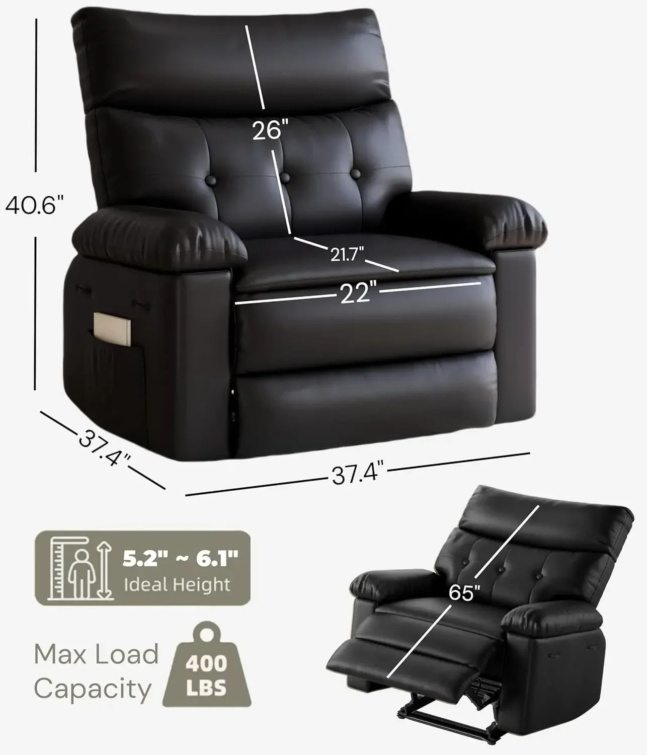 

Hot-sellingRecliner Chair - PU Leather Manual Recliner for Adults, Lazy Chair with 1.5X Sponge Comfort Arm and Back