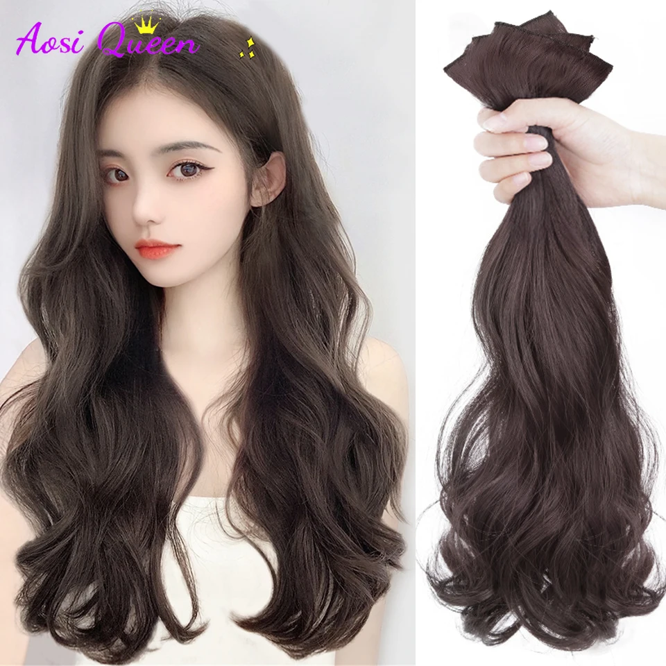 AOSI Synthetic Hair extension  Wavy hair Heat-Resistant Fiber Fake Hair Wig Long Hair Piece with two clips Three-piece suit