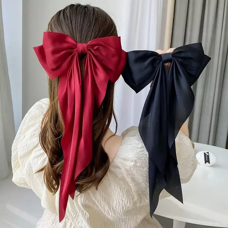 Korean Accessories Hair Clips for Women Girls Big Bowknot Solid Satin Long Ribbon Bows Spring Clamp Barette Cheveux Femme 2026