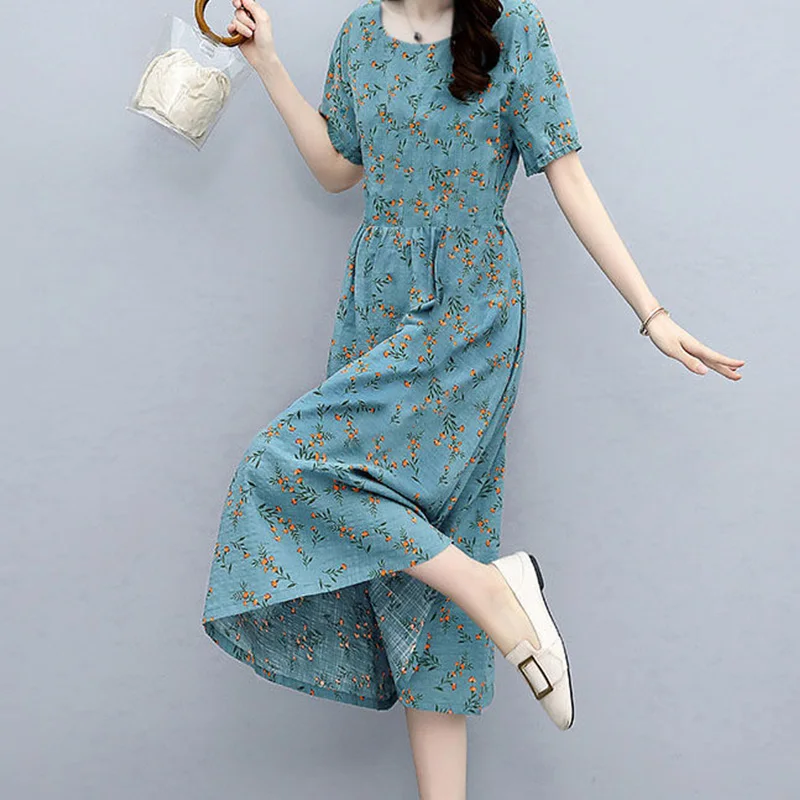 2024 New Summer Aesthetic Casual Simplicity Elegant Fashion Korean Style Women\'s Clothing Cotton Linen Solid Color Chic Dresses