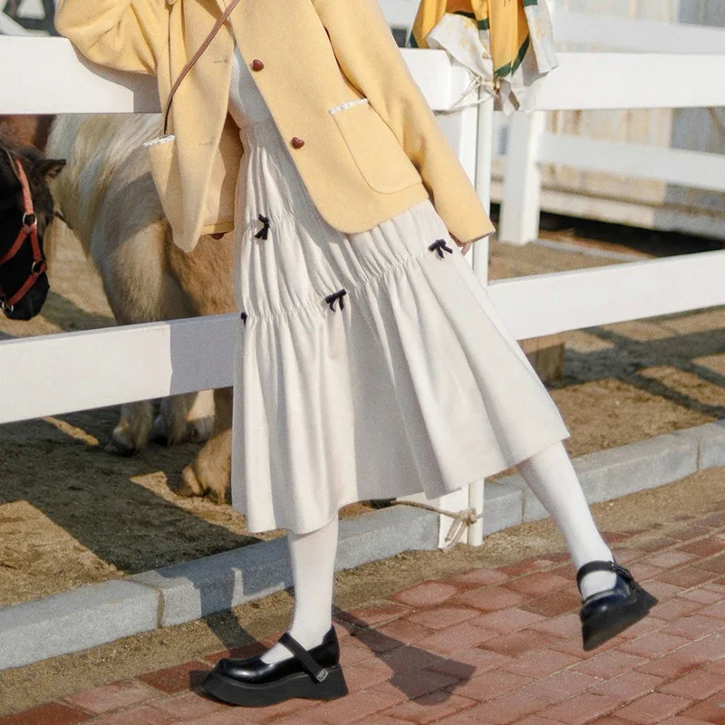 Japan Style Sweet Women Skirt Soft Loose Girls Cute Bow Apricot Mid Length Skirt Female High Quality Casual Versatile Clothing