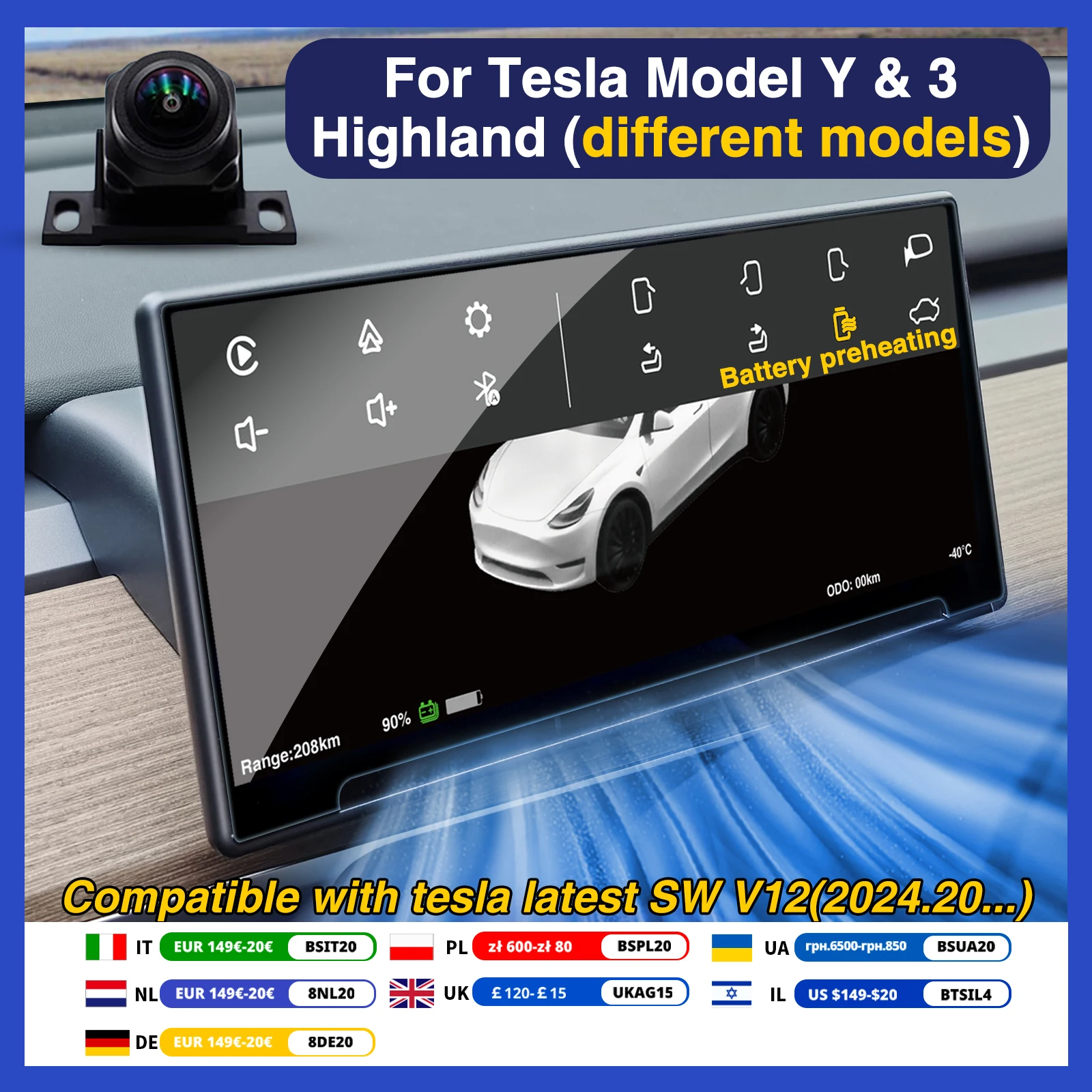 

Model Y Front Display Carplay Speedometer Head Up Air Vent Camera HUD Instrument Cluster Tesla 3 F9 Driver Dashboard RWD Screen