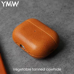 YMW Genuine Leather Case For AirPods Pro2  Bluetooth Earphone Accessories Lychee Pattern Natural Cowhide