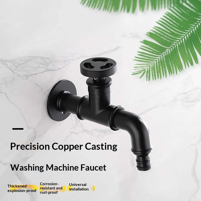 Grifo negro empotrado en pared, de cuatro puntos, alargado, para lavadora, fregadero, piscina, con apertura rápida, para balcón, con caño de cobre