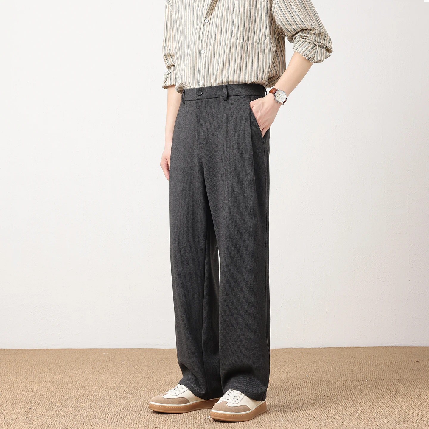 Comfortable Wool Drape in Autumn Winter No Perm Korean Classic Straight Leg Loose Men's Pants, Business Casual Mid Waist Pants