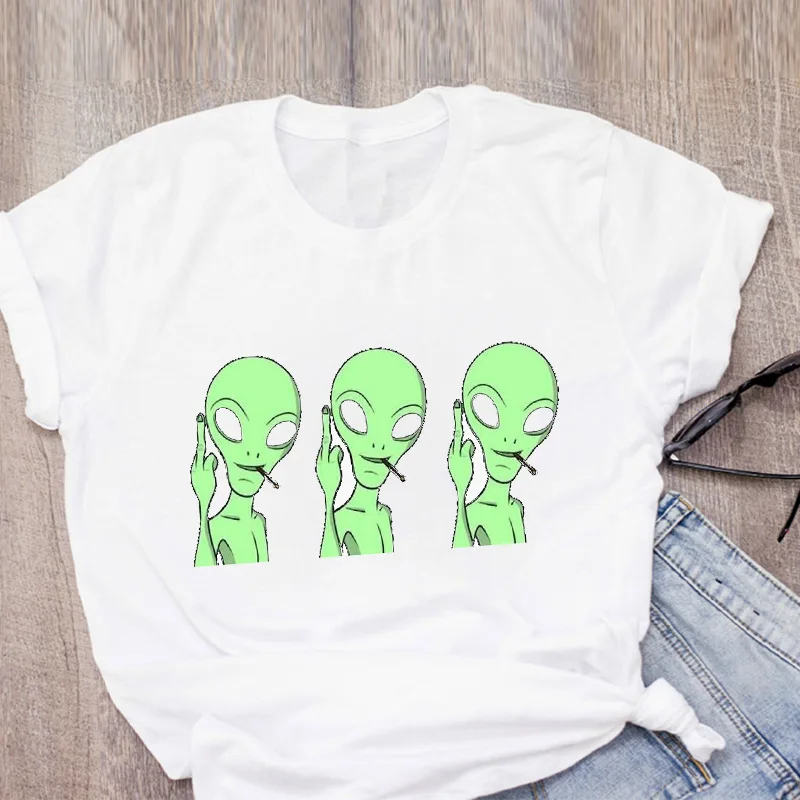 T-shirt da donna Cute White Tops abbigliamento femminile magliette grafiche aliene stampa di cartoni animati Ladies Funny Streetwear Tees Y2k Clothes