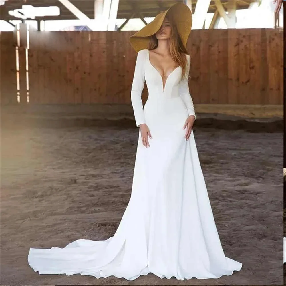 Women's Simple Wedding Dresses A-Line Deep V-Neck Long Sleeve Sexy Slim Trumpet Wedding Dresses for Bridesmaid Banquet  1435