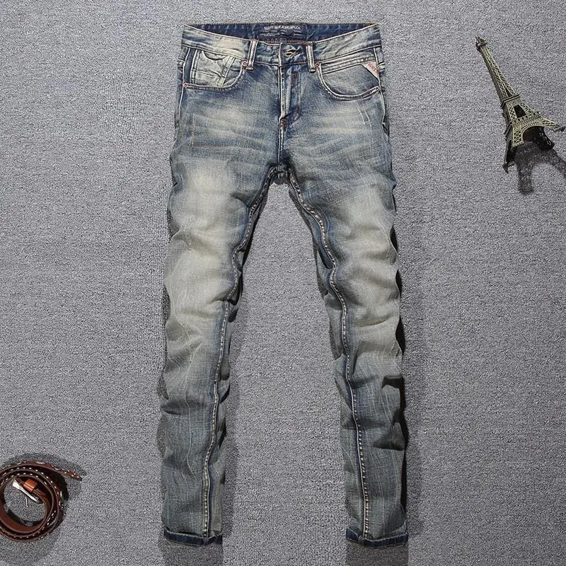 Roupas masculinas outono e inverno azul claro europeu e americano retro jeans magros na moda estiramento fino-ajuste calças retas