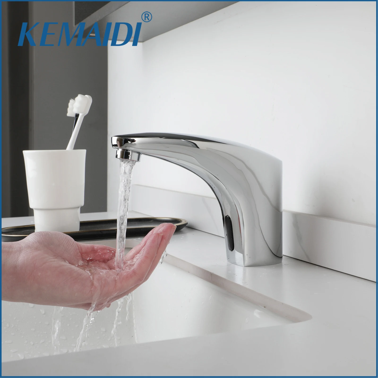 

KEMAIDI Touchless Bathroom Sink Faucet with Automatic Sensor Hands Free Bathroom Faucets Chrome Hot Cold Water Mixers & Tap