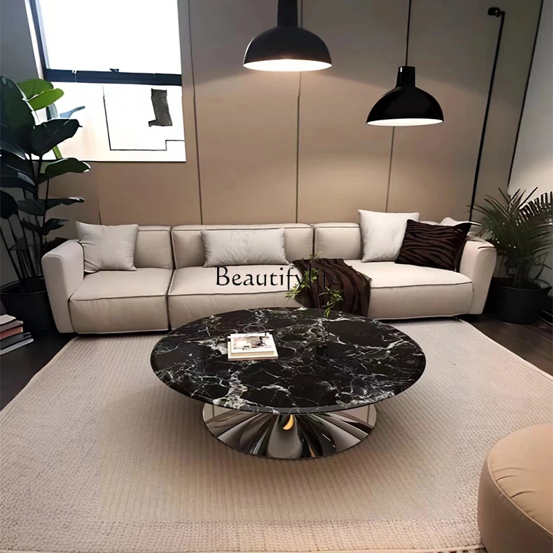 

Natural luxury stone black rose coffee table Italian living room round coffee table