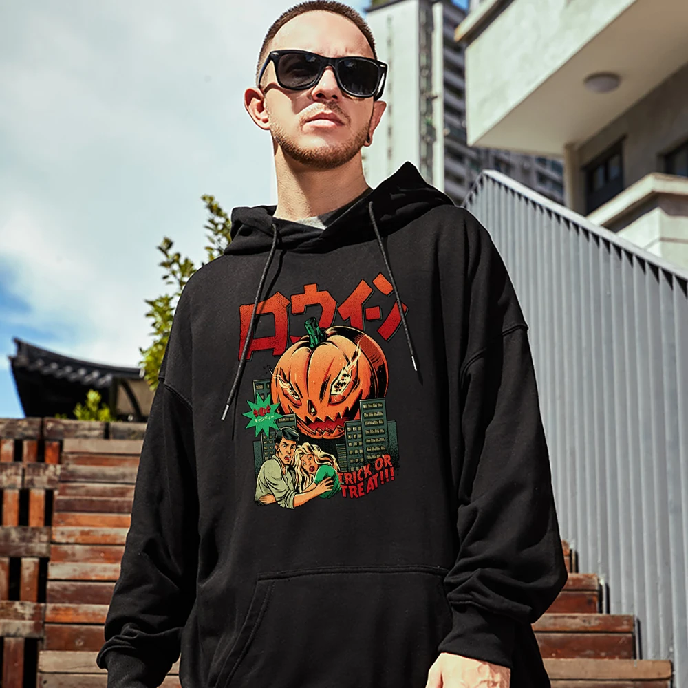 

Pumpkin Monster Invasion Trick Or Treat Print Mens Cotton Pullover Vintage Casual Tops Creative Thick Spring Clothing Man Hoodie