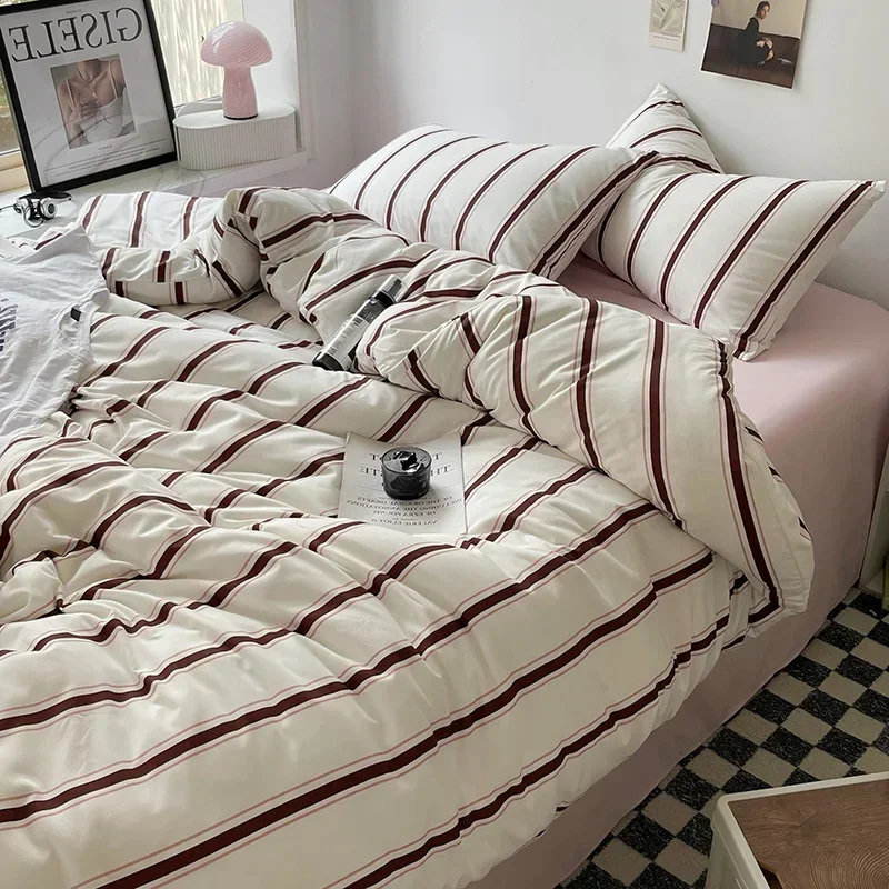 Bed Linen Bed Sheets Set Stripes Duvet Suit Cover Set Quilt Cover Bed Sheet Quilt Sets Queen Size INS Blogger Comforter Sets