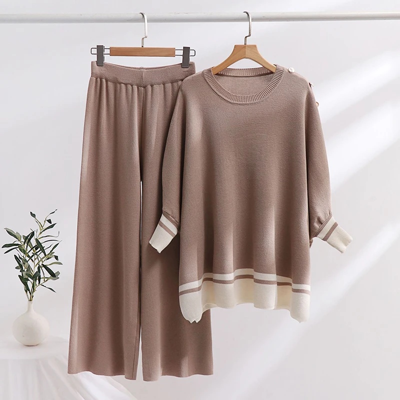 EWQ Casual Contrast Color Knitted 2 Piece Set Women Fashion Round Collar Long Sleeve Top High Waist Pant 2024 Autumn New 27X568