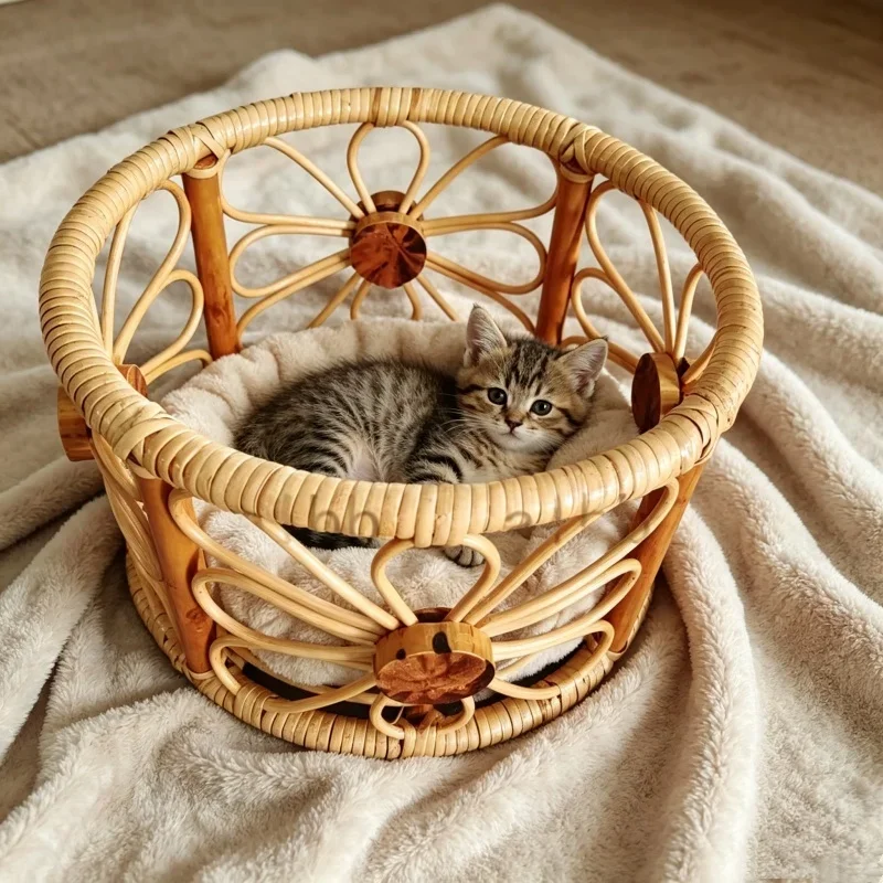 

Breathable Round Rattan Cat Bed Basket Handwoven Cat Photography Prop Wicker Pet Nest for Indoor Cats Photo Shoot Decoration
