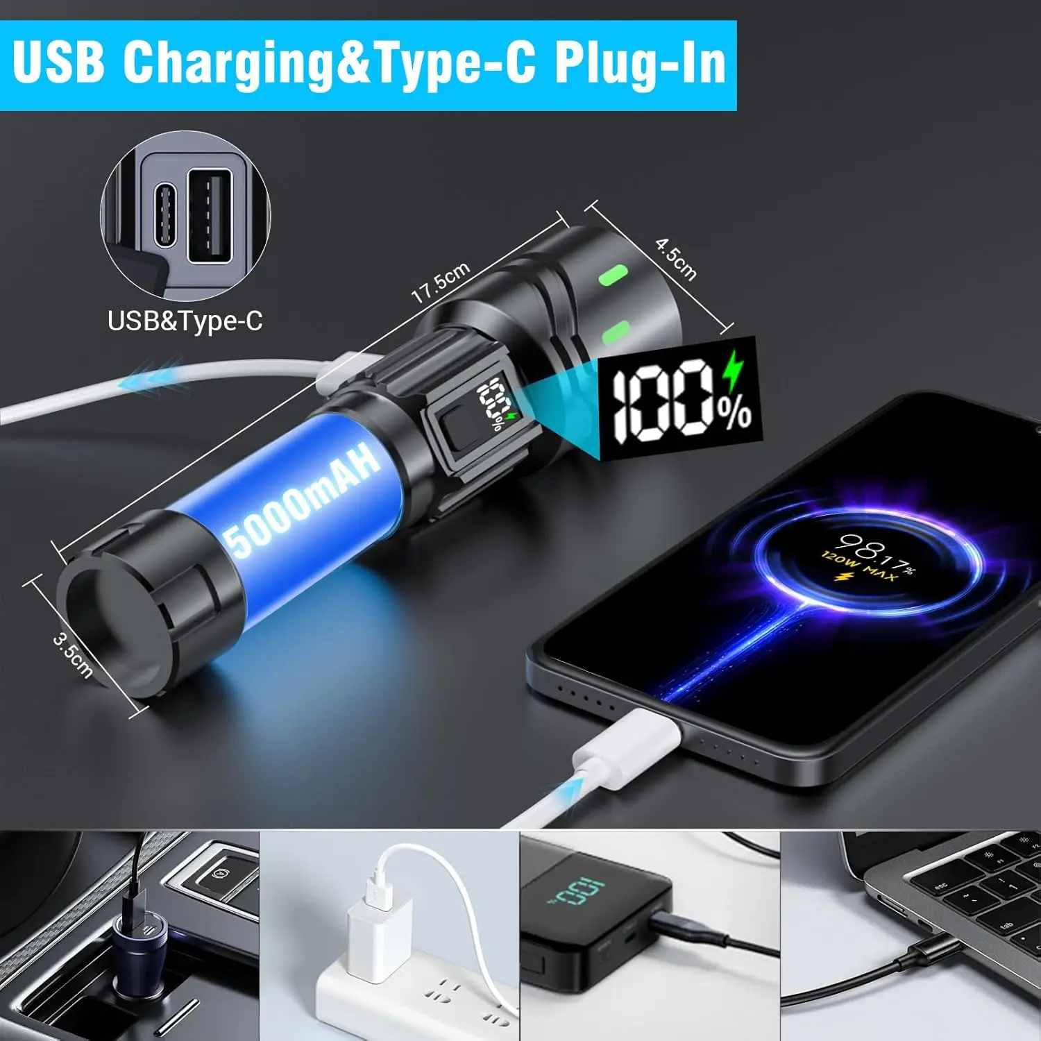 Torce ricaricabili ad alto lume, torcia super luminosa, torcia potente a LED a 5 modalità Torcia versatile regolabile