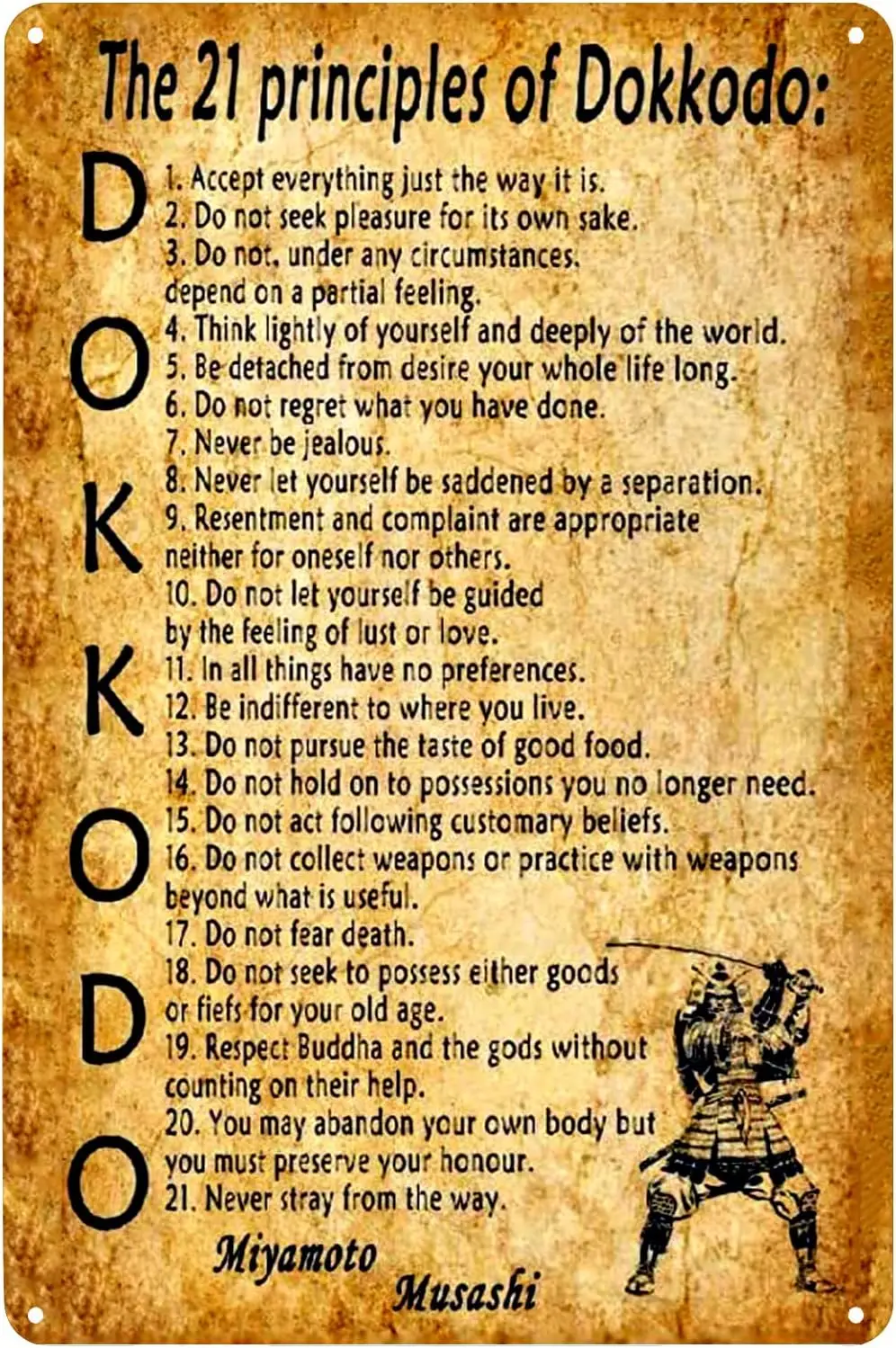 Vintage Metal Signs 21 Principles of Dokkodo Tin Sign Miyamoto Musashi Inspirational Motivational Quote Poster Wall Art Dec sign