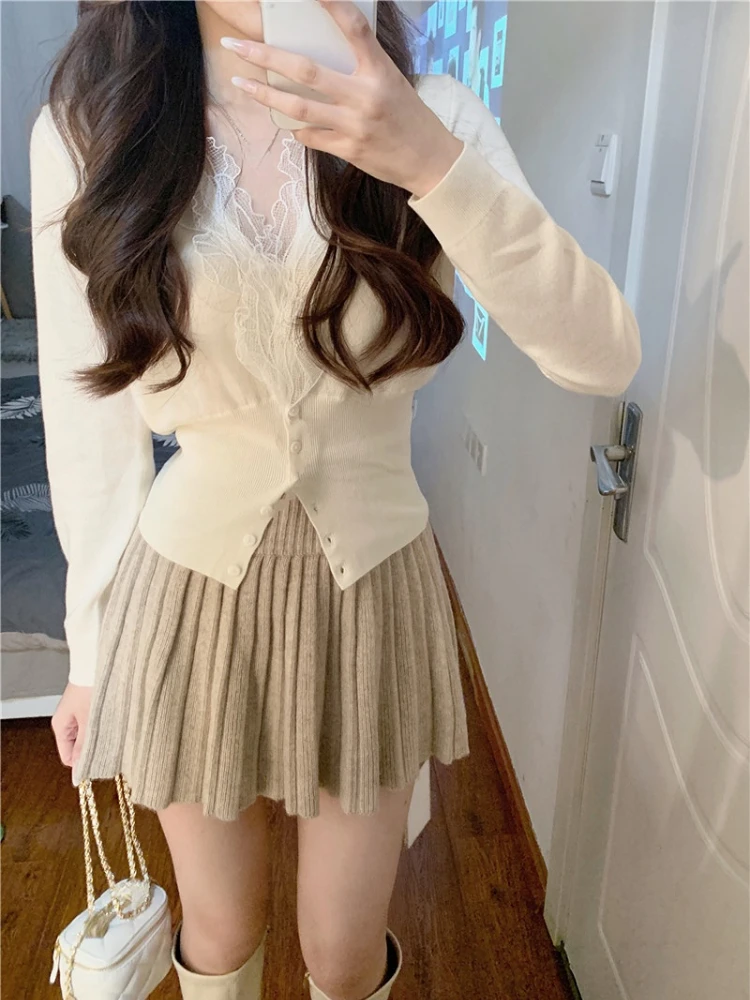 2024 Spring 2 Piece Dress Set Women Korean Fashion Y2k Clothing Sweet Cardigan + Mini Skirts Elegant Bodycon Knitted Suits Chic