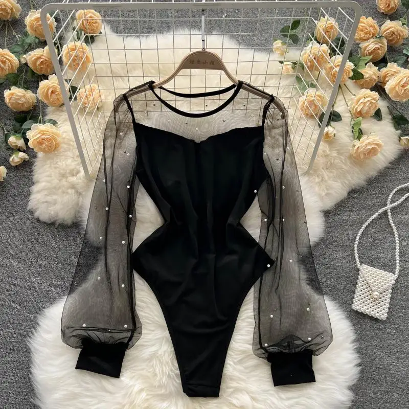 Hotsweet O-neck Elegant Long Sleeves Chic Mesh Spliced Knit Embroidered Beads Bodysuits Top Sexy High Street Autumn Jumpsuit