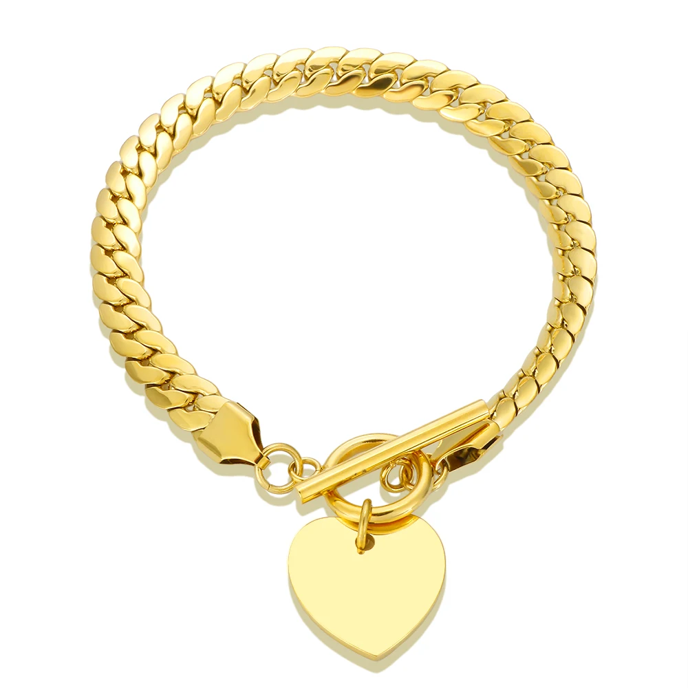 Bracciale con ciondolo a forma di cuore con ciondoli, catena a maglie cubane in acciaio inossidabile per le donne, commercio all\'ingrosso di