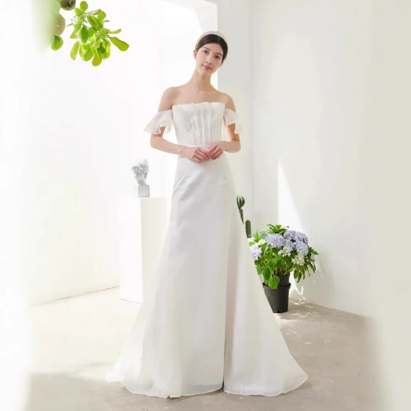 جديد النمط الفرنسي السفر التصوير خارج الكتف الأورجانزا بسيط أنيق العروس حورية البحر فستان الزفاف