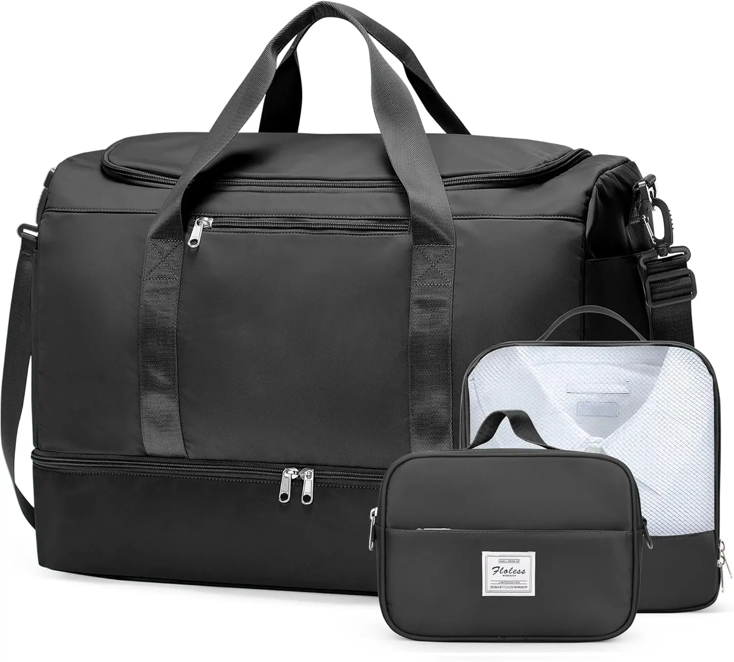

Extra Large Travel Duffle Bag with Shoes Compartment, Weekender Set for Women, Black