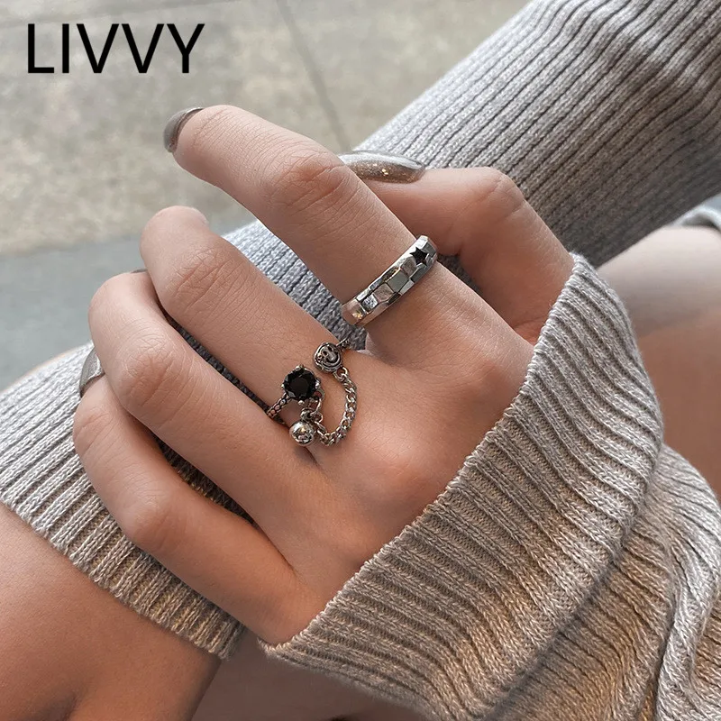 

LIVVY Silver Color Vintage Punk Chain Tassel Ball Wide Rings For Women Couples Simple Geometric Star Jewelry Party Gifts