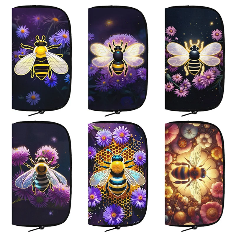 Cartoon Golden Bee Wallets Honey Bee Flowers Coin Money Bag ID Credit Card Holder Cute Insects Long Wallet Small Clutch Pouch