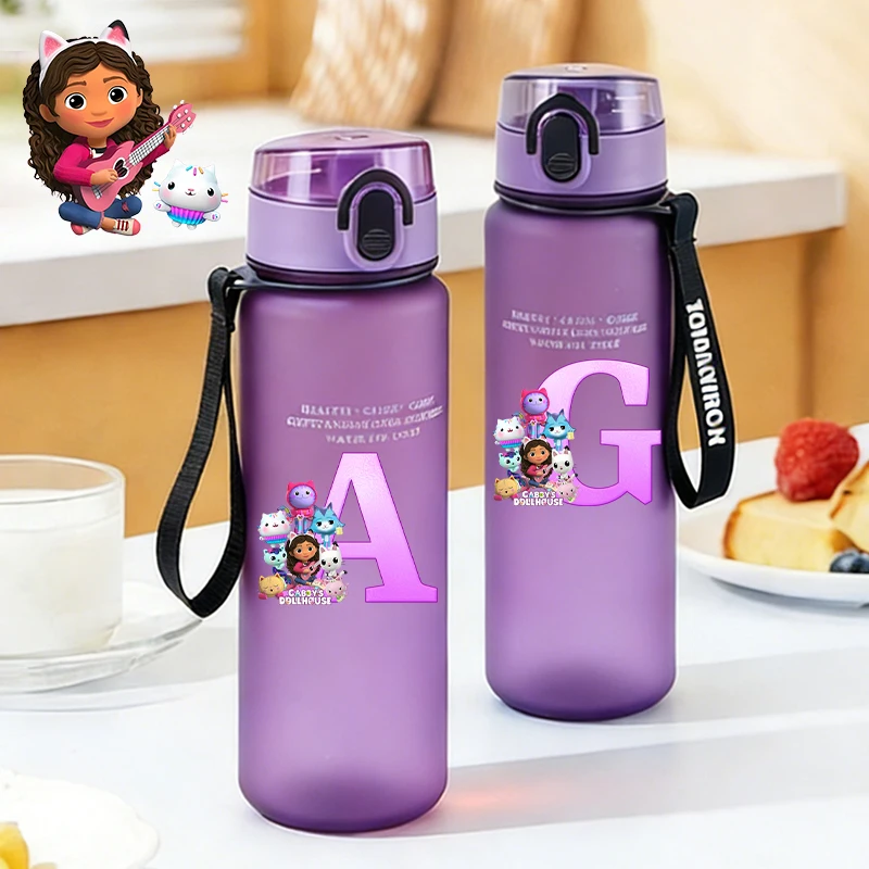 

650ml Dollhouses Gabbyed Girl Water Bottle with Straw Kawaii Cute Letters A-Z Anime Kid Sport Frosted Tour Leak-proof Hiking Cup