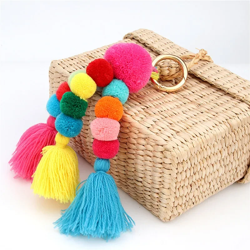 1pc  Bohemian Accessories Handmade Keychain Beads Chain Pompom Hand Bag Hanging Key Chains For New Year Gift