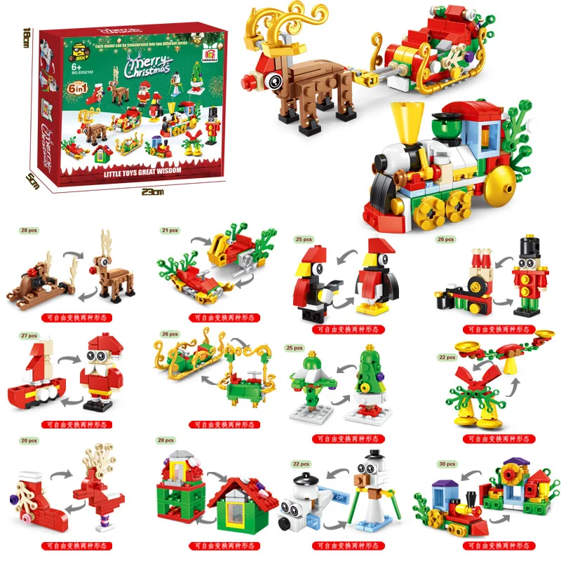 12in1 Kerst Aankomst Kalender Blind Box Boom Kerstman Bouwsteen Treintje Elanden Sneeuwpop Montage Bricks Model Speelgoed