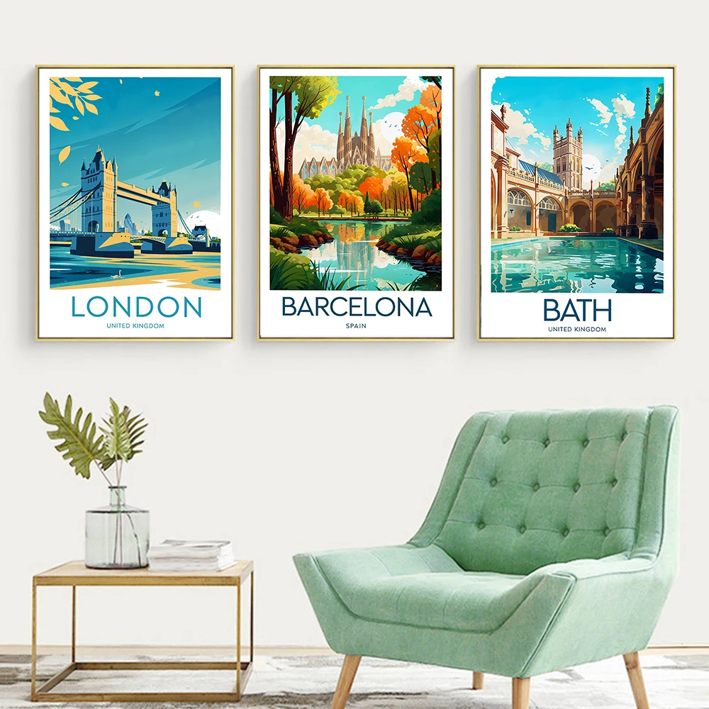

Barcelona City Travel Print Spain Sagrada Familia Poster Bath Canvas Print Poster London Tower Bridge Home Decor Wedding Gift