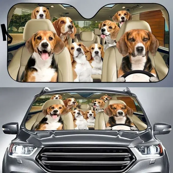 Beagle Family Auto Sun Shade Car Windshield Window Cover Sunshade, Beagle Family Members Driving Left Hand Auto Sun Shade, Beagl