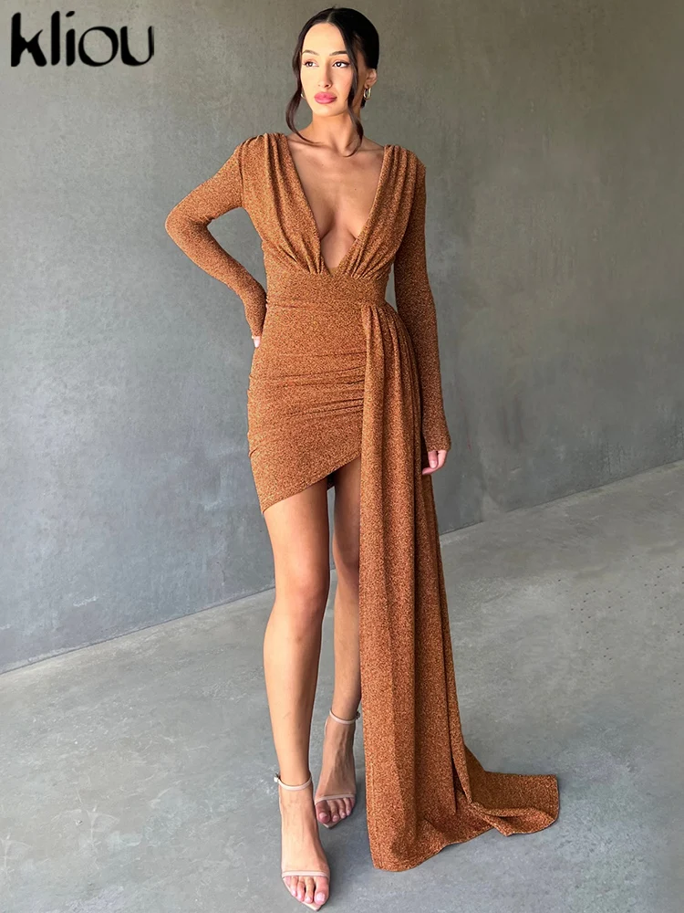 Kliou asymétrique brillant Mini Robe pour femmes Hipster bronzant manches longues col en v maigre Robe femme superbe fête Club Robe