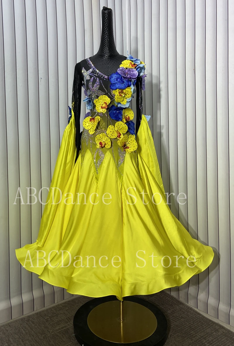 Women ballroom dance dress  Standard Dance Dress ballroom dress for Competition modern dance Costume Long Sleeve yellow